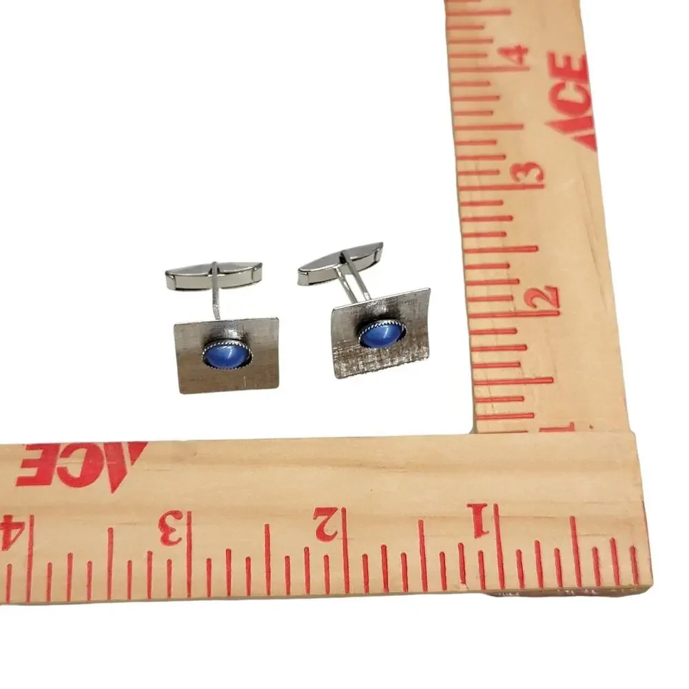 Vintage Mid Century Blue Cats Eye Textured Silver Tone Mens Formal Cufflinks